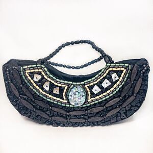 VTG Beaded Burlap Galleon Handbag